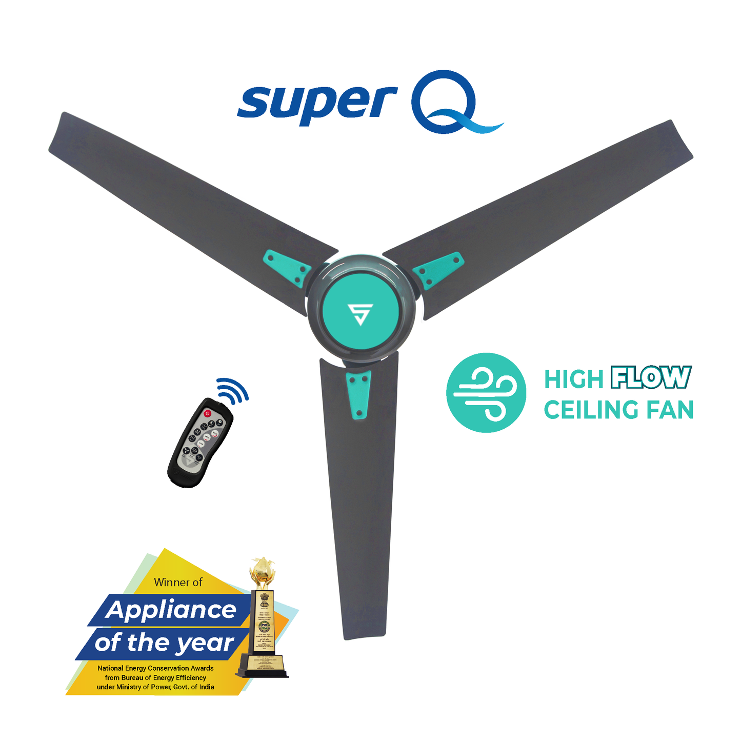 Superfan-Super Q BLDC ceiling fan with 69% power savings, reverse mode-48 inches-High Flow Fan-Most Efficient BLDC fan