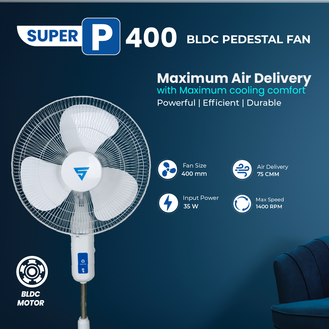 Superfan P400 BLDC pedestal fan with remote control, 16 inches - high speed airflow with Durable fan