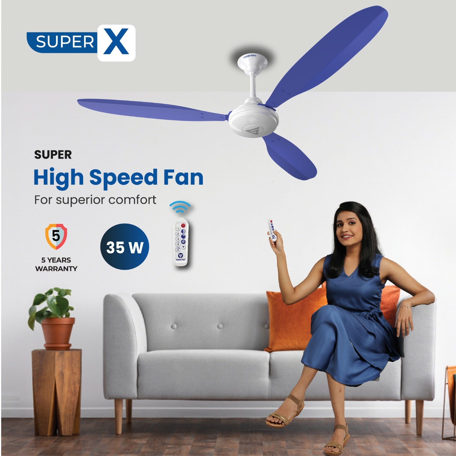 Super X1 BLDC Ceiling Fan - 48 Inches - High speed fan - 385 RPM - Power Saving Fan