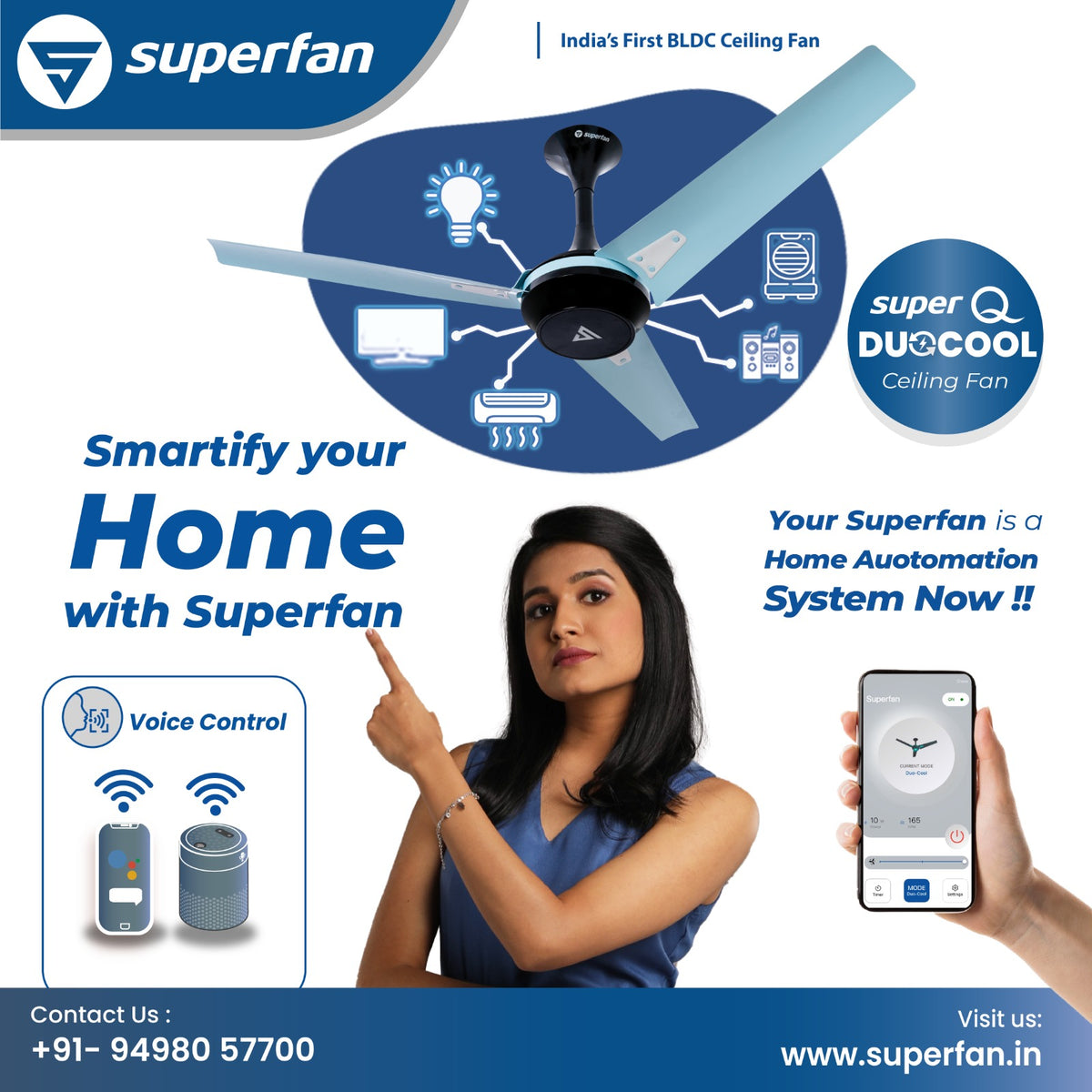Super Q Duocool IOT BLDC Ceiling Fan with Voice Control, NFC – Superfan