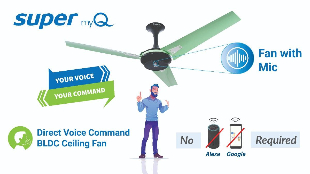 Voice command example for ceiling fan control showing switch on and switch off actions using direct voice input