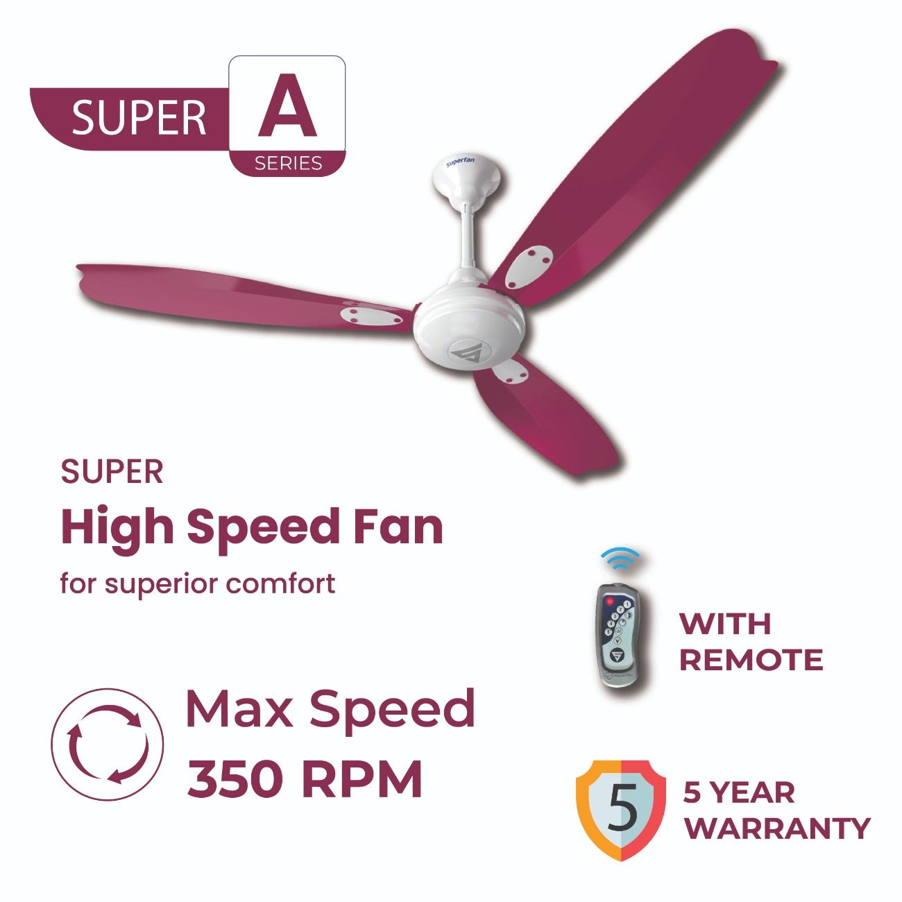 Super A Series metallic finish ceiling fan with decorative premium blades and elegant comfort design