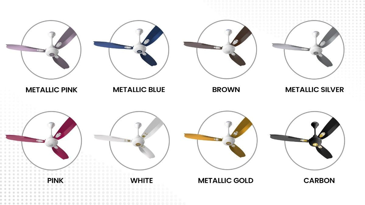 Super A Series high speed ceiling fan available in metallic pink, metallic blue, brown, metallic silver, pink, white, metallic gold and carbon colors