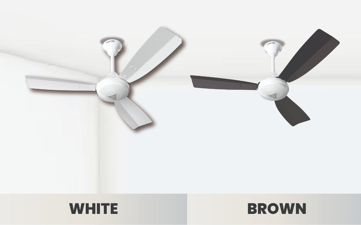 Super J Series compact ceiling fan available in white and brown color variants for small spaces