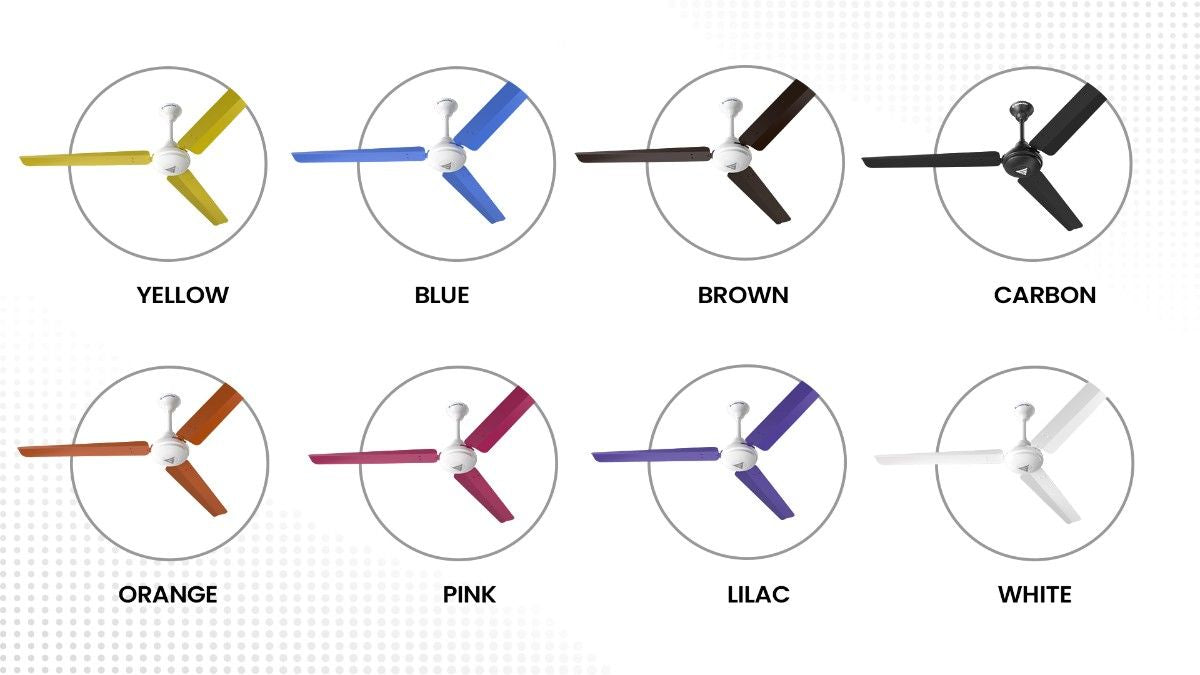 Super V Series high speed ceiling fan available in yellow, blue, brown, carbon, orange, pink, lilac and white colors