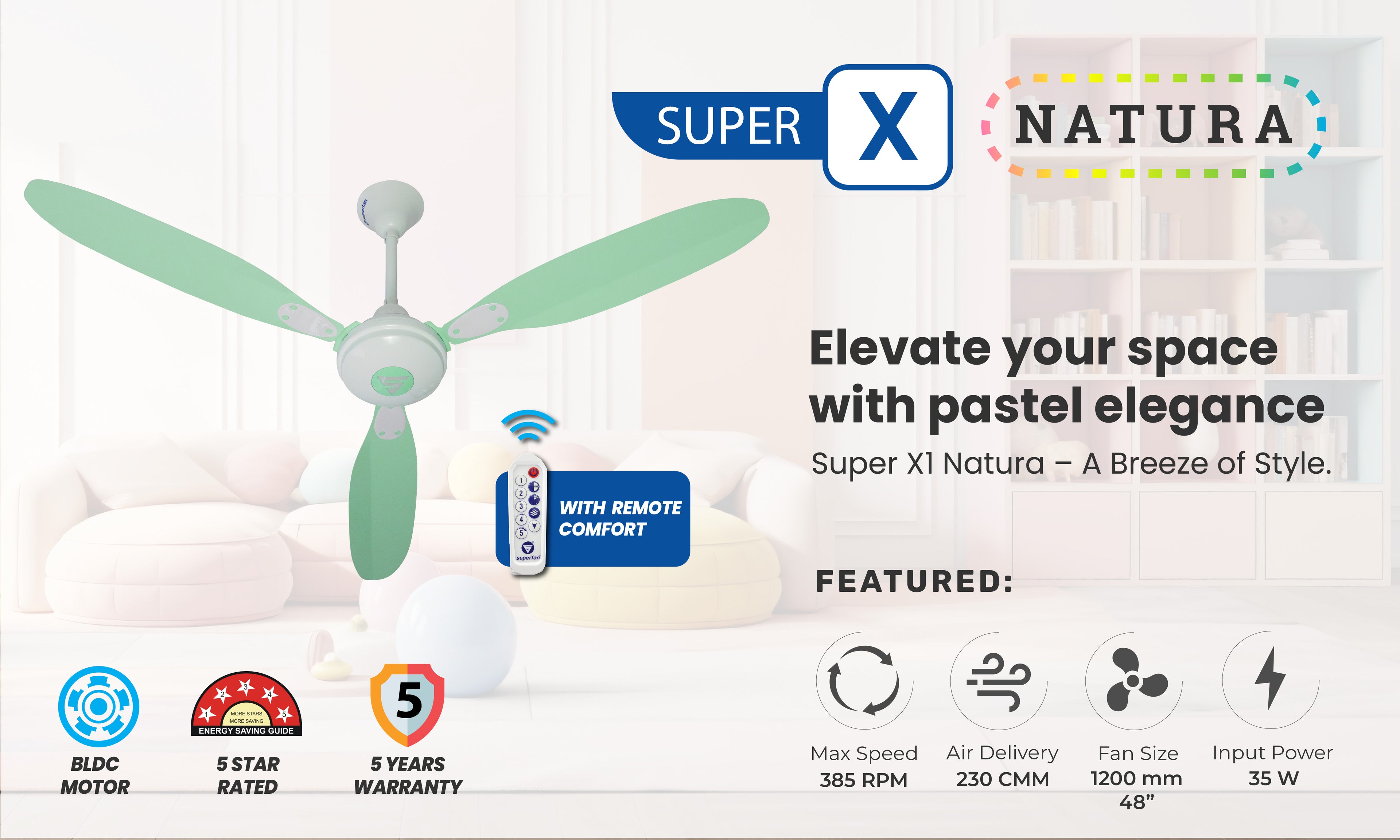 Superfan BLDC ceiling fan with remote control showing speed levels timer breeze mode and fine speed adjustment features