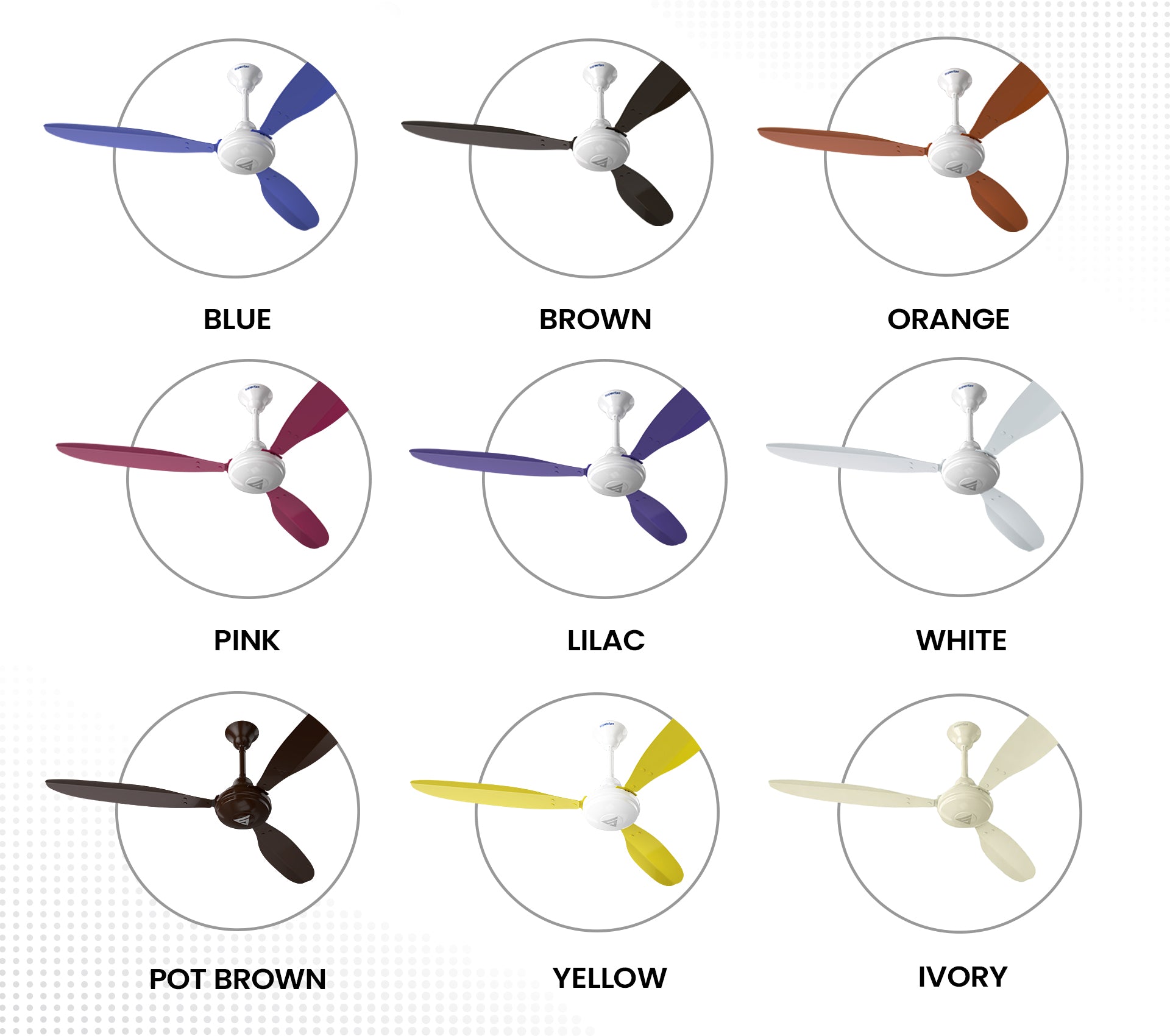 Superfan X Series ceiling fan available in multiple colours including blue brown orange pink lilac white yellow and ivory.
Modern ceiling fan available in multiple colour variants for home interiors