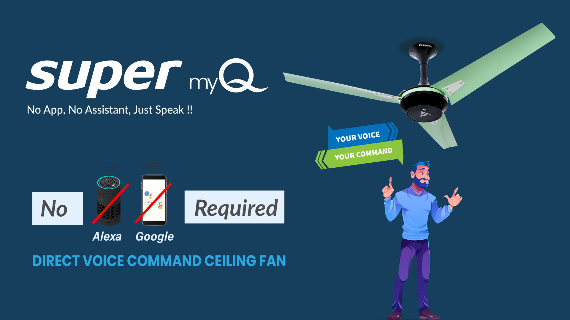 Superfan MyQ BLDC ceiling fan with direct voice control no app or assistant required