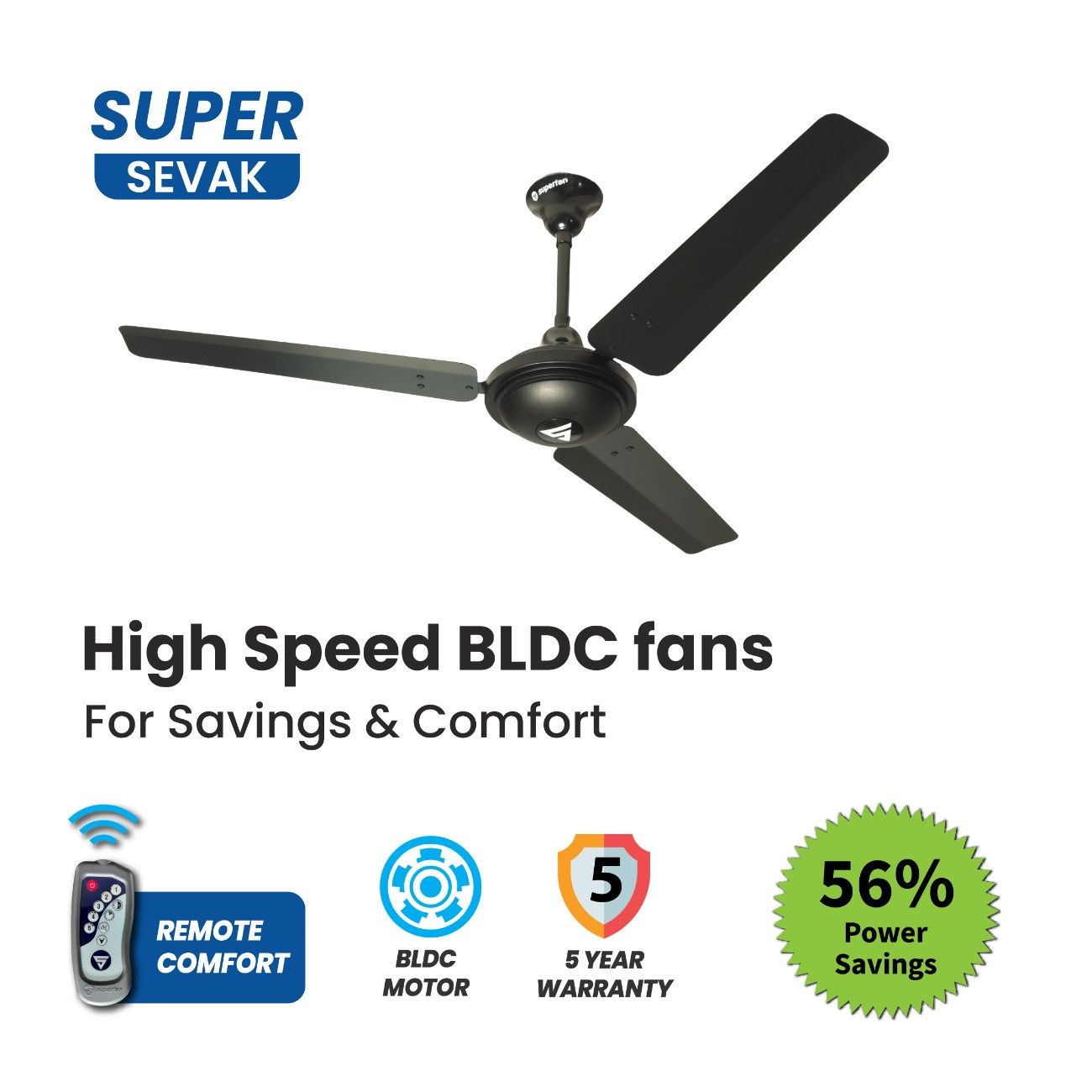 Superfan Sevak ceiling fan high speed airflow with BLDC motor and power saving technology