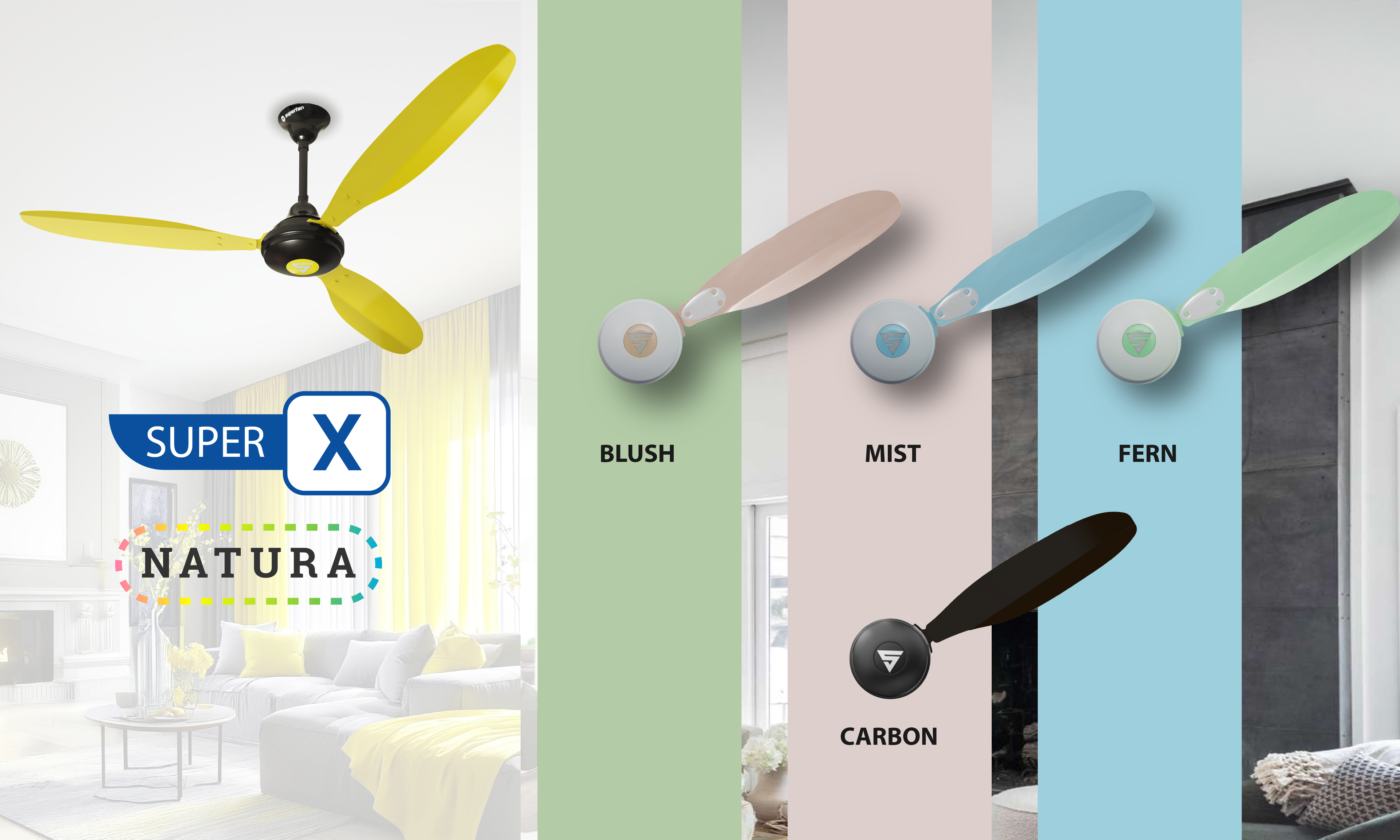 Modern ceiling fan color options blush mist fern and carbon Superfan X Natura series
Designer BLDC ceiling fan in pastel colour variants for home interiors